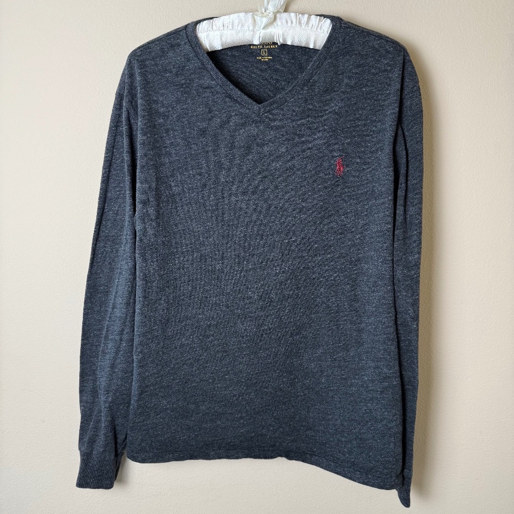 Polo Ralph Lauren Long Sleeve V Neck T Shirt Mens Large Gray Heather Pullover